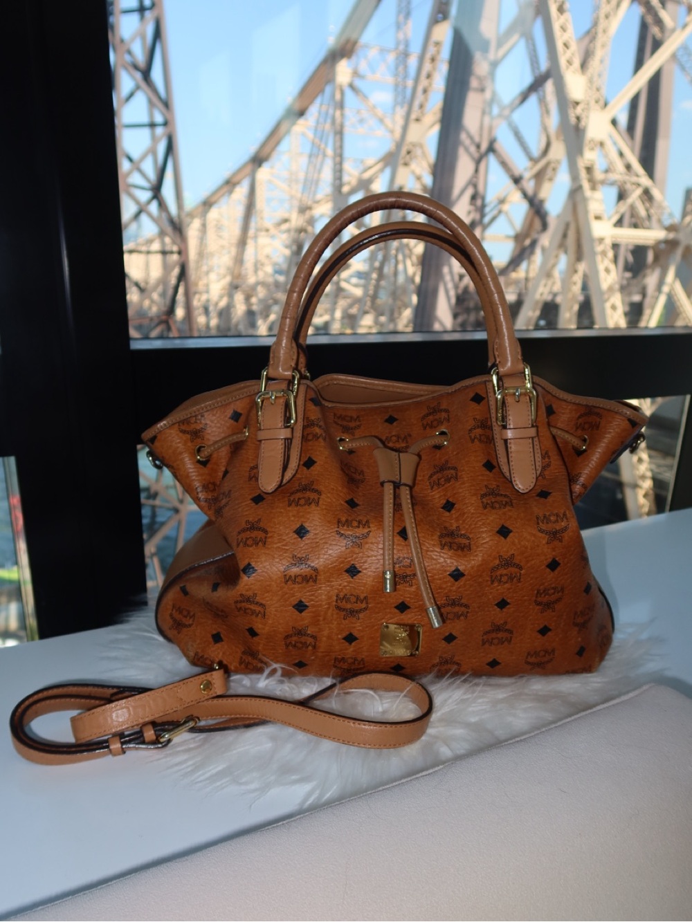 MCM Cognac Visetos Monogram Satchel with Gold Hardware w/ Crossbody Strap - Picture 1 of 4